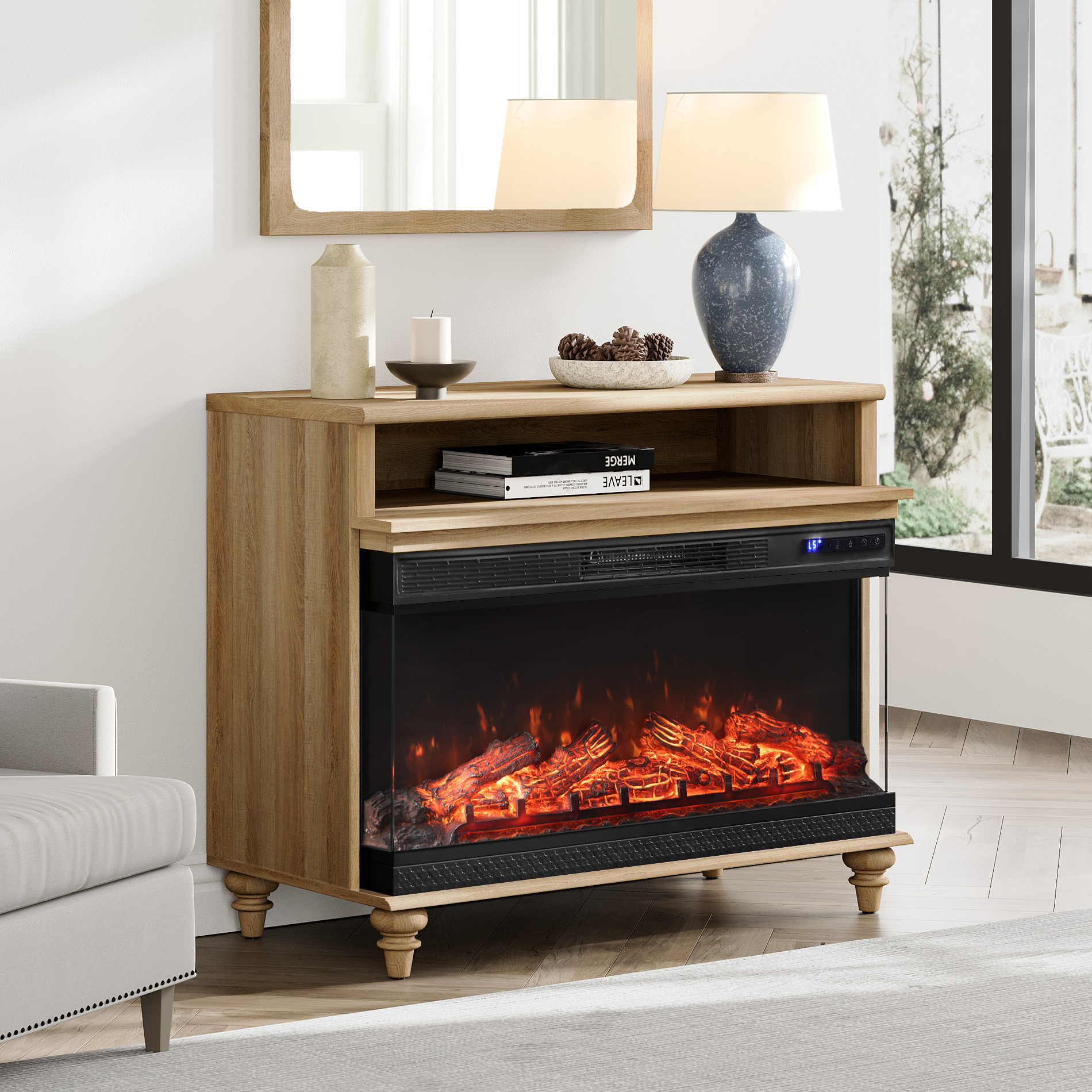 36" Electric Fireplace, Oak Wooden Side Table Fireplace End Table for Living Room, 3D Freestanding Fireplace Stove Heater