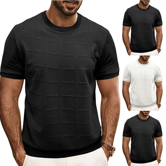 Txeol Limited Time Deal Men's T- Shirts Short Sleeve Jacquard Sweater Shirt Casual Crewneck Ribbed Pullover Tees Summer Knitted Tops,Black,M