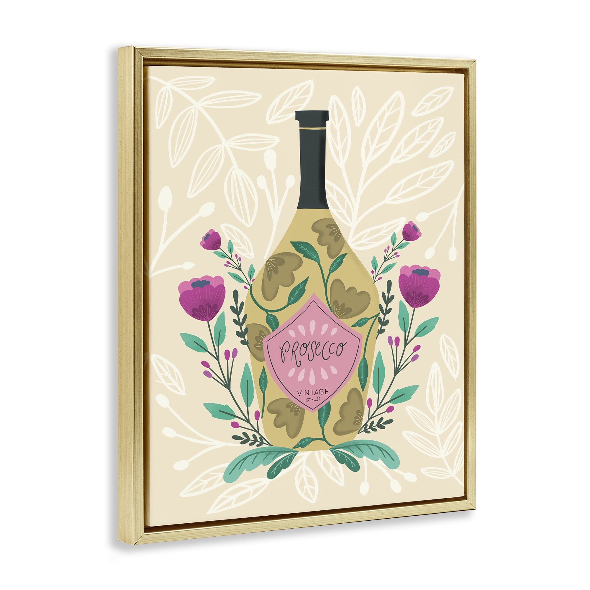 Stupell Industries Chic Floral Alcohol Bottle Food & Beverage Painting Gold Floater Framed Canvas Art Print Wall Art, 25 x 31