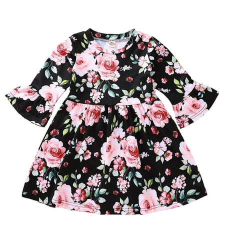 

JDEFEG Girls Size 6 Dress Children Girls Long Sleeve Flower Prints Flared Sleeve Dresses Princess Dress Girls Ball Gown Girls Dresses Skirts for Girls Cotton Blend Black 110