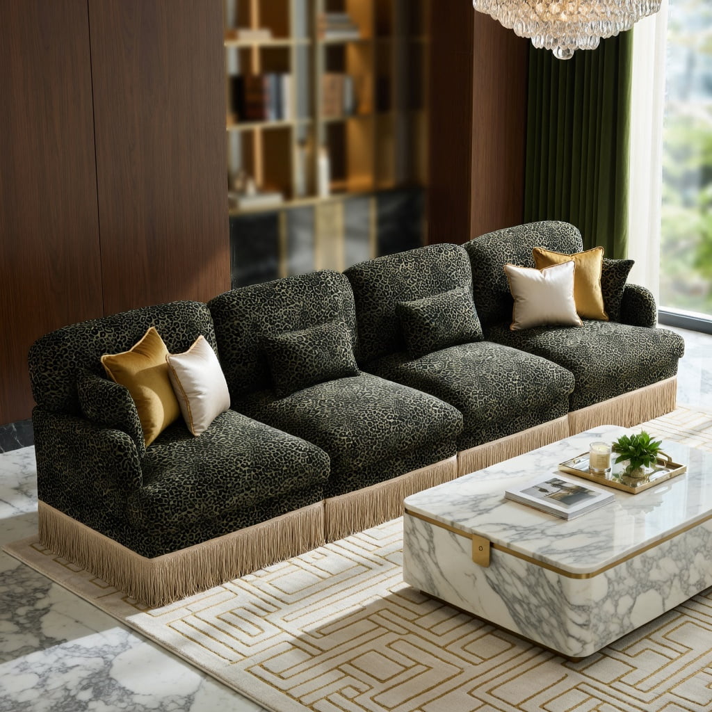 Hommoo 131" Modern Modular Leopard Print Chenille 4-Seat Sectional Sofa with Tassel Trim, Deep Ergonomic Seating & Easy Snap-Together Assembly, Green Black