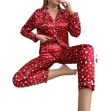 

Cute Polka Dot Lapel Pant Sets Long Sleeve Burgundy Womens Pajama Sets (Women s)