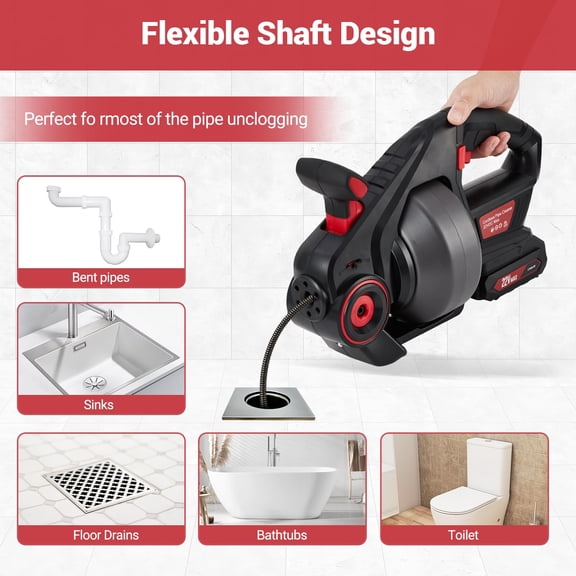 Kojooin Electric Drain Auger 25FT, Heavy Duty 3 in 1 Plumbing Snake for Stubborn Toilet, Sink Sewer Clogs, Professional Pipe Cleaner Tool Batteries Included