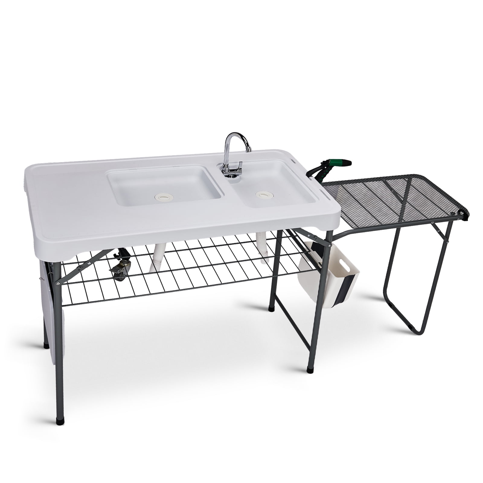 42.5" Fish Cleaning Table with Dual Sink, Portable Folding Camping Table with Foldable Extension Stand, Faucet, Sprayer, Grid Rack & Hose Hook Up, Outdoor Sink Station for Picnic