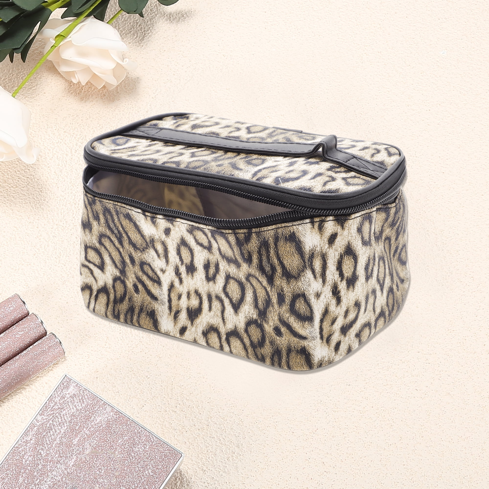 Unique Bargains 1 Pc Rectangle Leopard Print Makeup Bag Stylish Design Beige Coffee Color