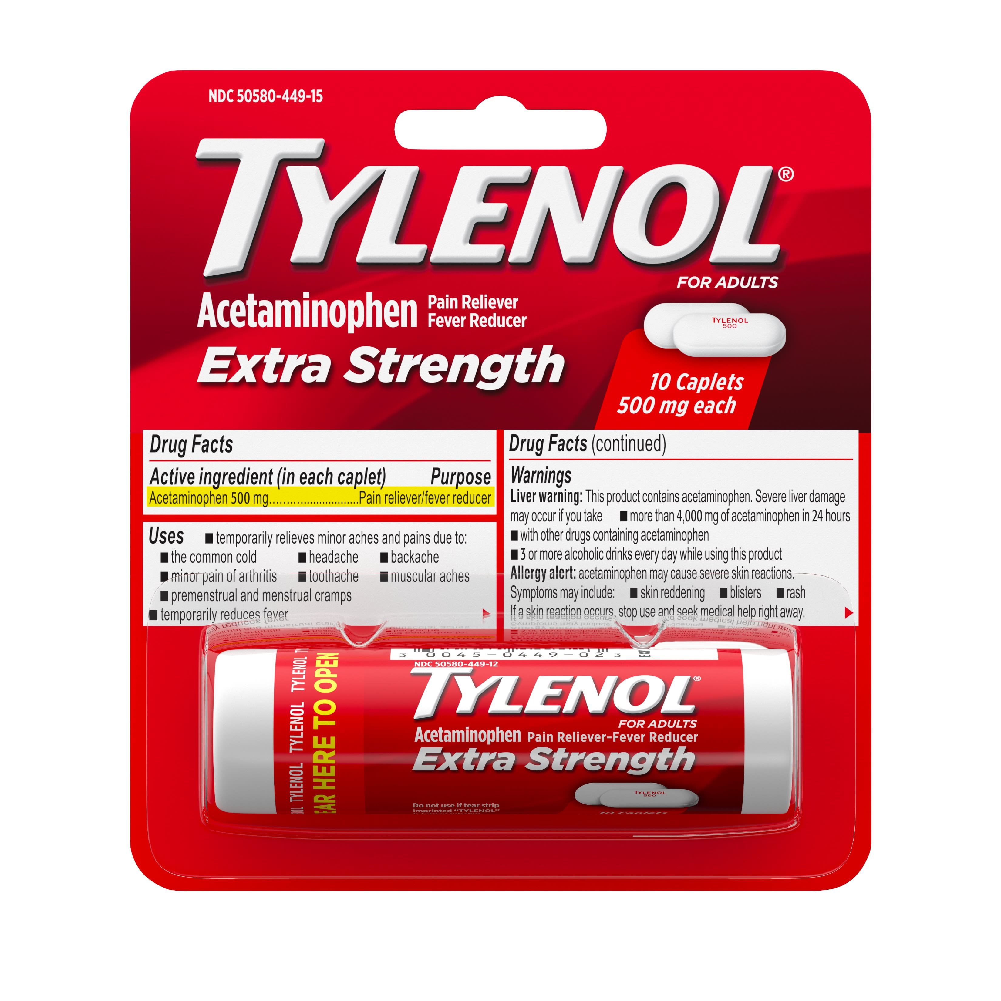 Tylenol Extra Strength Caplets with Acetaminophen, Travel Size, 10 ct