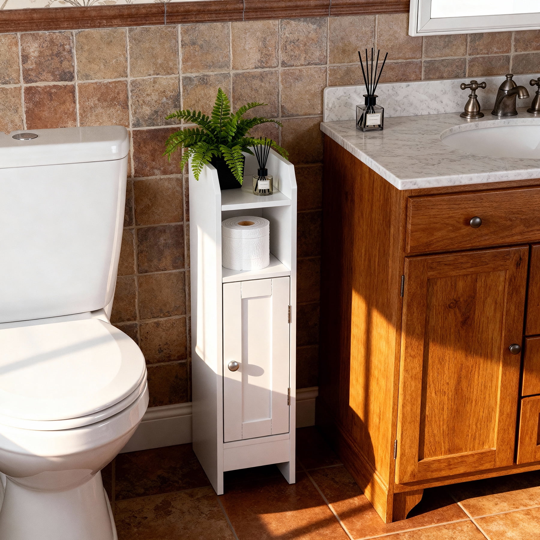 HomGarden 5-Shelf Narrow Corner Bathroom Cabinet Small Storage Organizer W/Adjustable Shelves for Bathroom, Living Room, Small Spaces, White