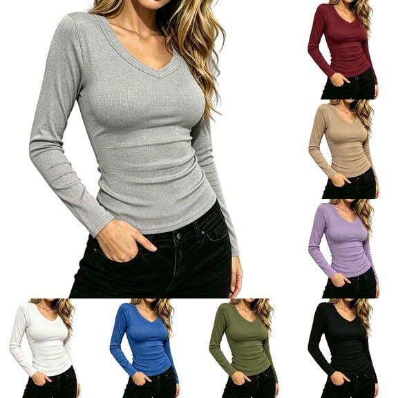 DYTTDG Solid Ribbed Knit V-Neck Blouse | Women's Long Sleeve Slim Fit Casual Pullover Top for All Seasons, Stretchy Basic Tee
