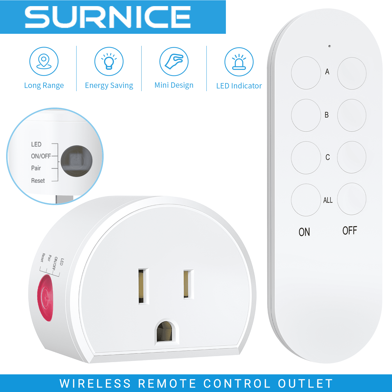 Wireless Remote Control Plugs, 40m/130ft Range for Lights, Appliances, 1 Surnice Outlets& 1