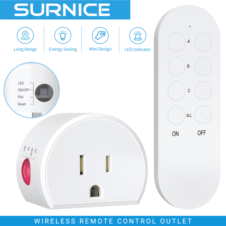 Wireless Remote Control Plugs, 40m/130ft Range for Lights, Appliances, 1  Surnice Outlets& 1 Remote