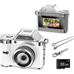 JETO White Portable Mini Digital Camera Keychain 32GB Card Kids Vlogging Camera