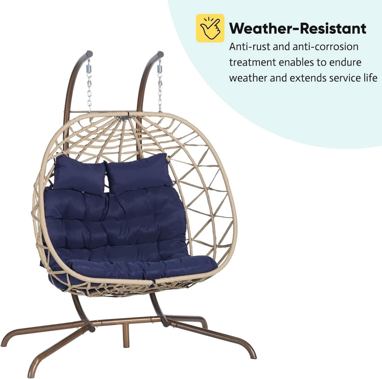 Double Swing Egg Chair with Stand,2 Person Indoor Outdoor Wicker Loveseat, Oversized Patio Hanging Basket Chair with Cushions, Cozy Sturdy Porch Swing for Backyard