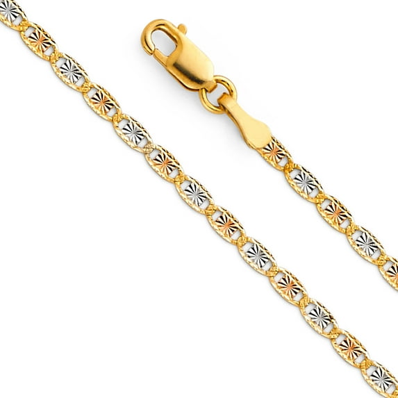 Solid 14k White Yellow and Rose Three Color Gold 2.1MM Rail Diamond-Cut Valentino Chain Necklace - 16 Inches