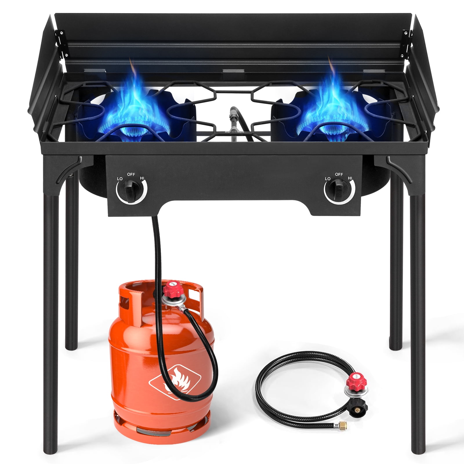 UBesGoo Portable Propane 15,0000BTU 2 Burner Outdoor Camp Stove w/ Wind Panel, Black