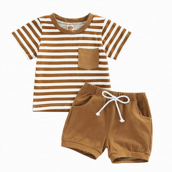 OYXSER Toddler Baby Boy Summer Clothes 6 12 Months Striped Summer Short Sleeve T-Shirt Tee Tops Shorts Clothing Set Kids Outfit Set, Brown 12-18M