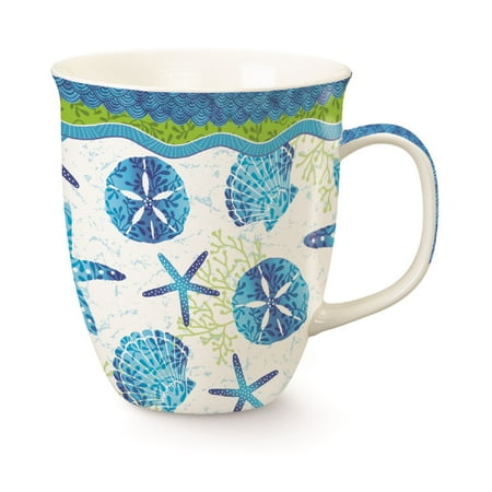 Sand Batiks - Beach Batik Blue Shells Starfish Sand Dollar Mug Porcelain 15 Ounces
