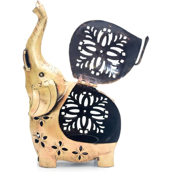 eTroves Metal Tealight Candle Holder – Handmade Elephant Shape Decorative Candle Holder for Modern Home, Farmhouse, Living Room, Table & Festive Decor, Golden, 8 Inch