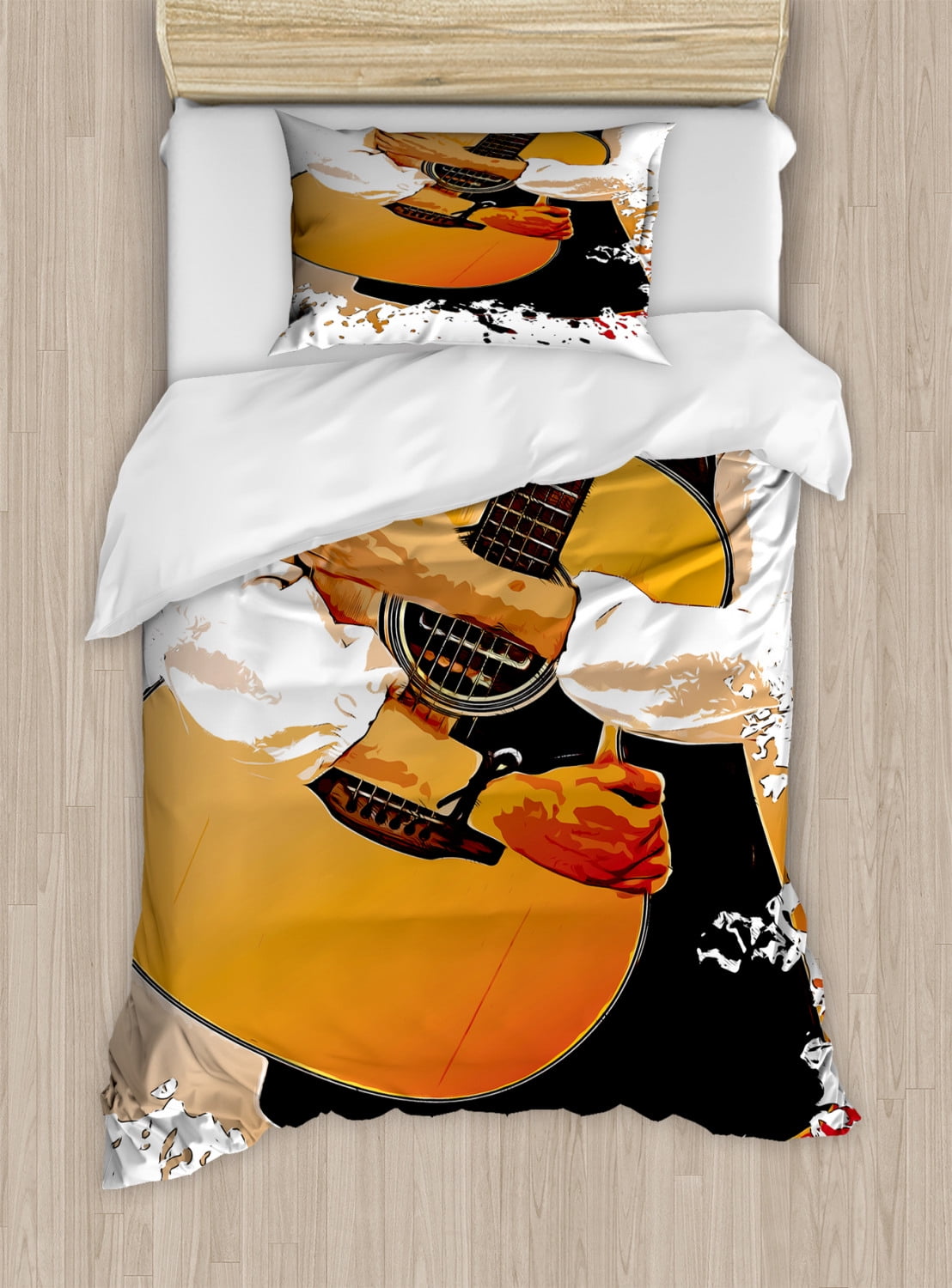 Rock and Roll Duvet Cover Set Twin Size, Artful and Grunge Pattern of a