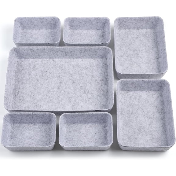 XIMEI Desk Drawer Organizer 7-Pack, Felt Shallow Drawer Organizers & Storage Bins, Light Gray