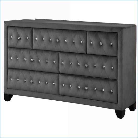 Dressers | Modern Crystal Tufted Velvet 7-Drawer Wood Frame Dresser | Gray, Wood