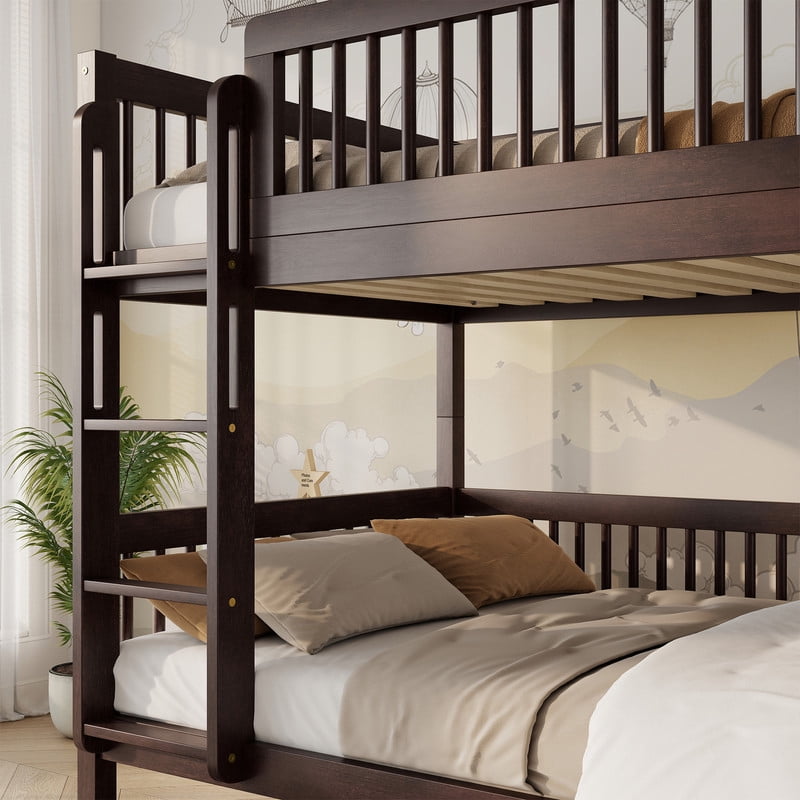 Twin-Over-Twin Size Convertible Kids Bunk Bed into 2 Platform Beds, Teens Wood Bed Frame with Ladder and Safety Guardrails