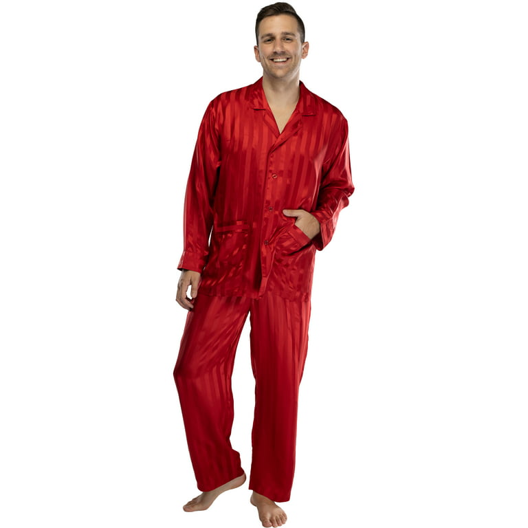 Intimo Mens Solid Jacquard Stripe Silk Pajama, Red, X-Large 