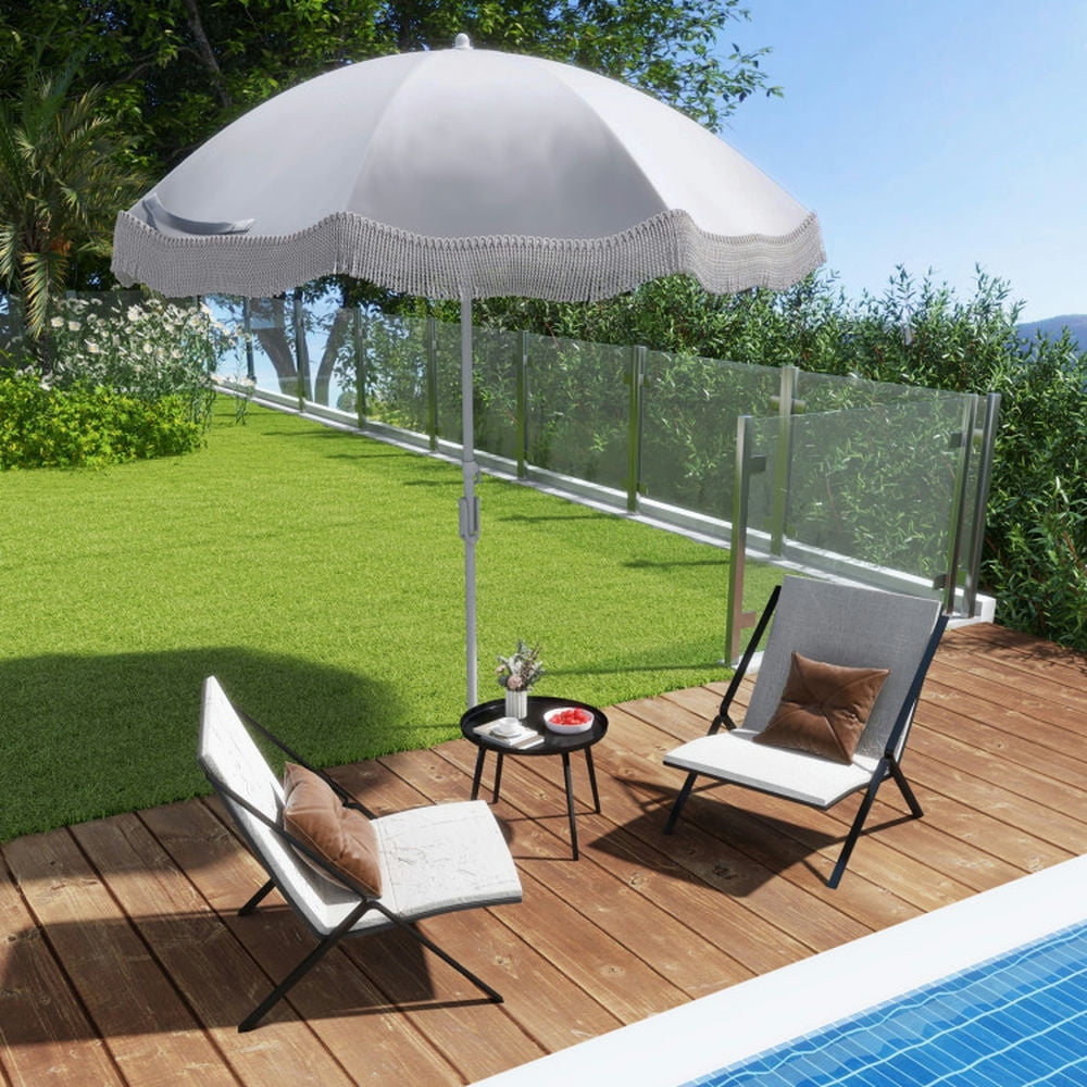 Aimee Lii 6.5 FT Beach Umbrella with Fringe Outdoor Tassel Umbrella with Push Button Tilt, Patio Umbrella, Outdoor Market Umbrella-White