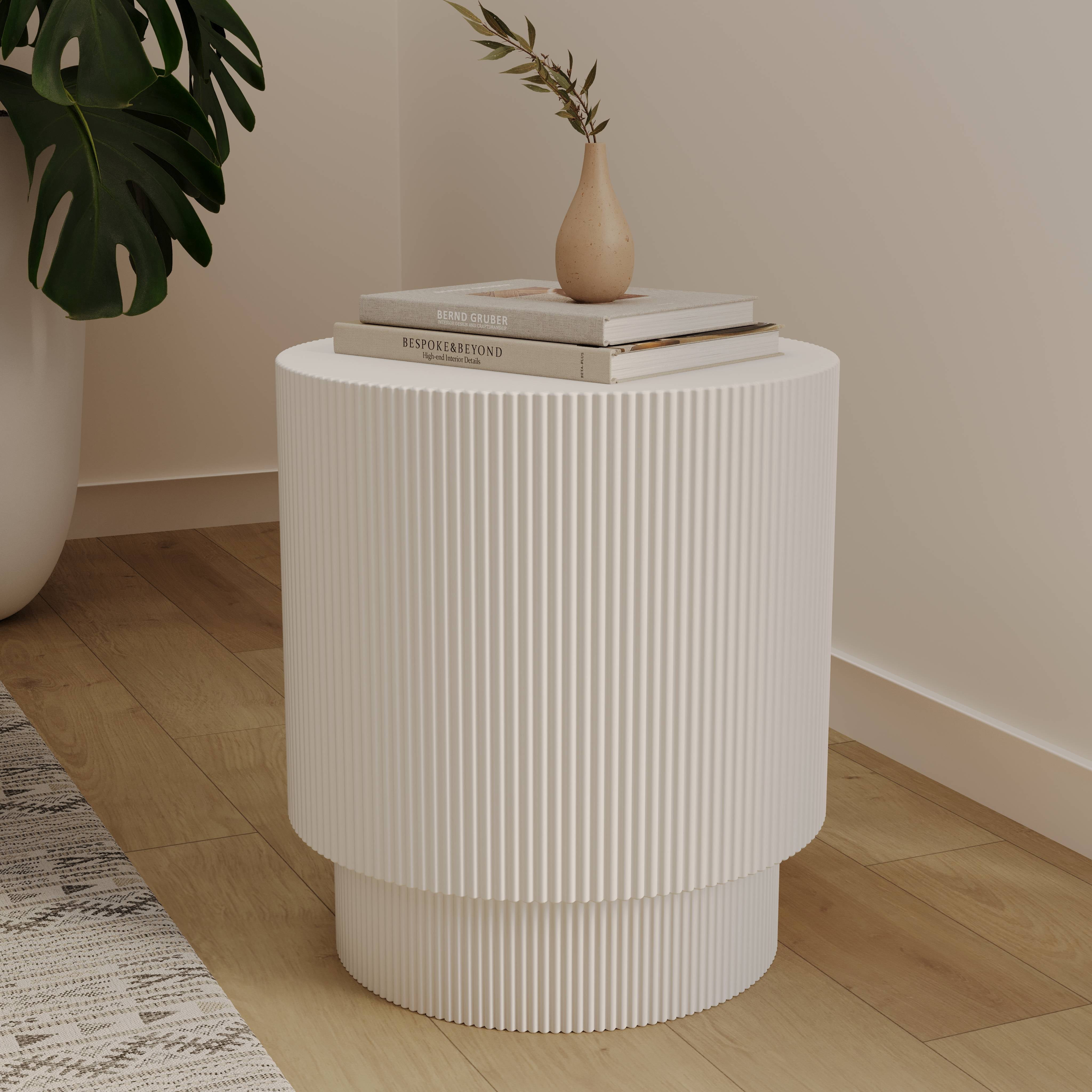LeisureMod Modern Side Table Round Fiberstone Top Accent End Table for Home, Outdoor Patio, Living Room Sofa, Weather-Resistant, Eden Series in White