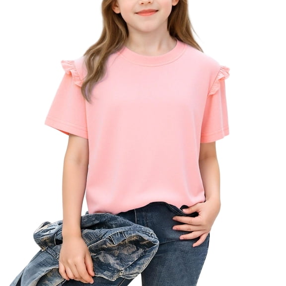 ITSAME Girls T-Shirts, Crewneck Ruffled Fashionable Short Sleeves Solid Color Kids Fashion Tees Pink 3-4T
