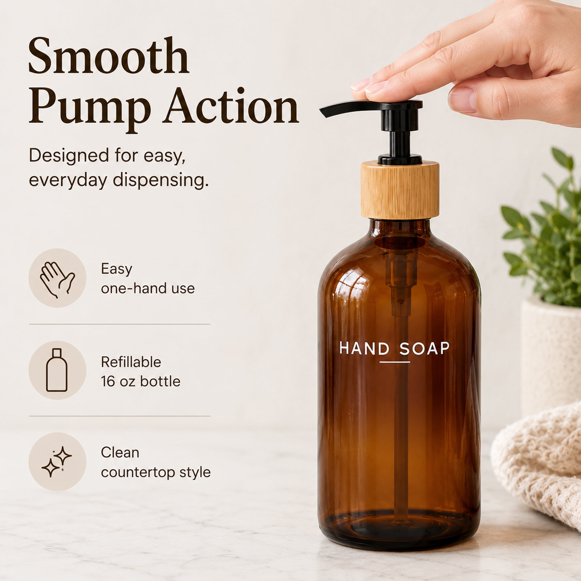 Glass Soap and Lotion Dispenser Set, 2 Pack Refillable Hand Soap and Dish Soap Bottles with Black Pumps, 16 oz Countertop Dispensers for Kitchen Sink, Bathroom Vanity, Amber and Clear