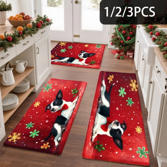 3PCS Kitchen Mat set, Welcome Door Flannel Rug,Home Decor for Front Door,Kitchen, Bathroom, Christmas Dog On Red Background ,Great Christmas Housewarming gift for Family and Friends.