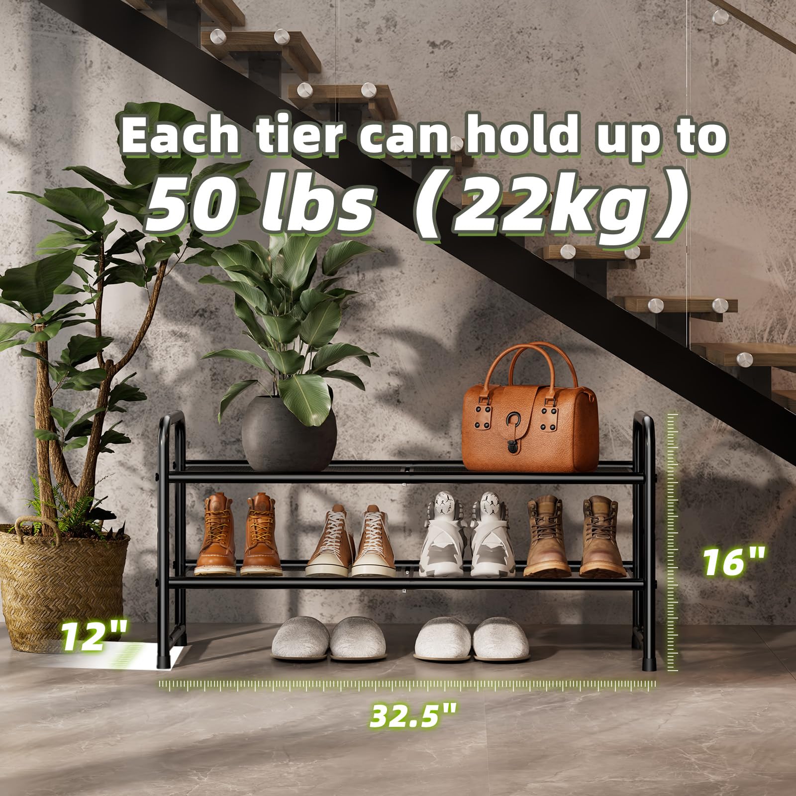 SUFAUY 2 Tier 33" Wide Shoe Rack Stackable, Metal Mesh, Black