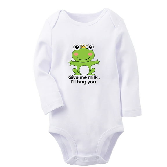 iDzn Give Me Milk I'll Hug You Funny Rompers, Newborn Baby Unisex Bodysuits, Infant Animal Frog Graphic Jumpsuits, Toddler Kids Long Sleeve Oufits (White, 0-6 Months)