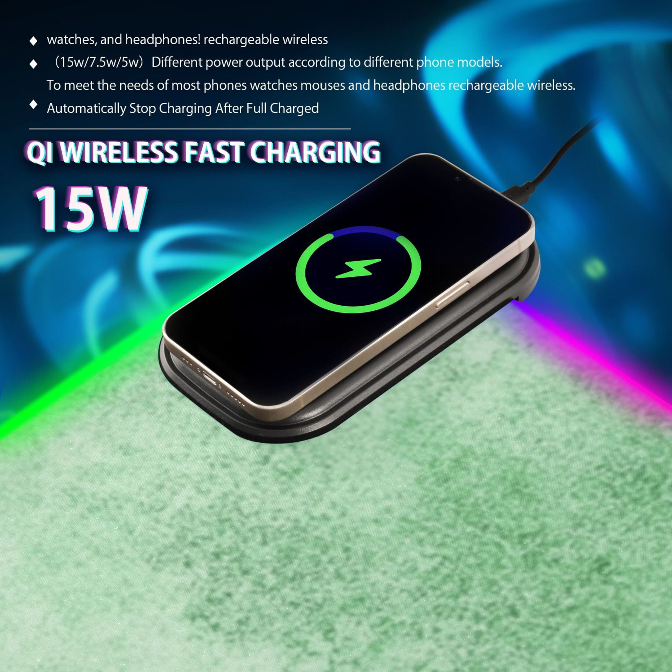 RGB Gaming Mouse Pad 15W Wireless Charging Large Waterproof Desk Mat 13 Light Modes Mousepad 31.5x11.8 Colorful Green Watercolor