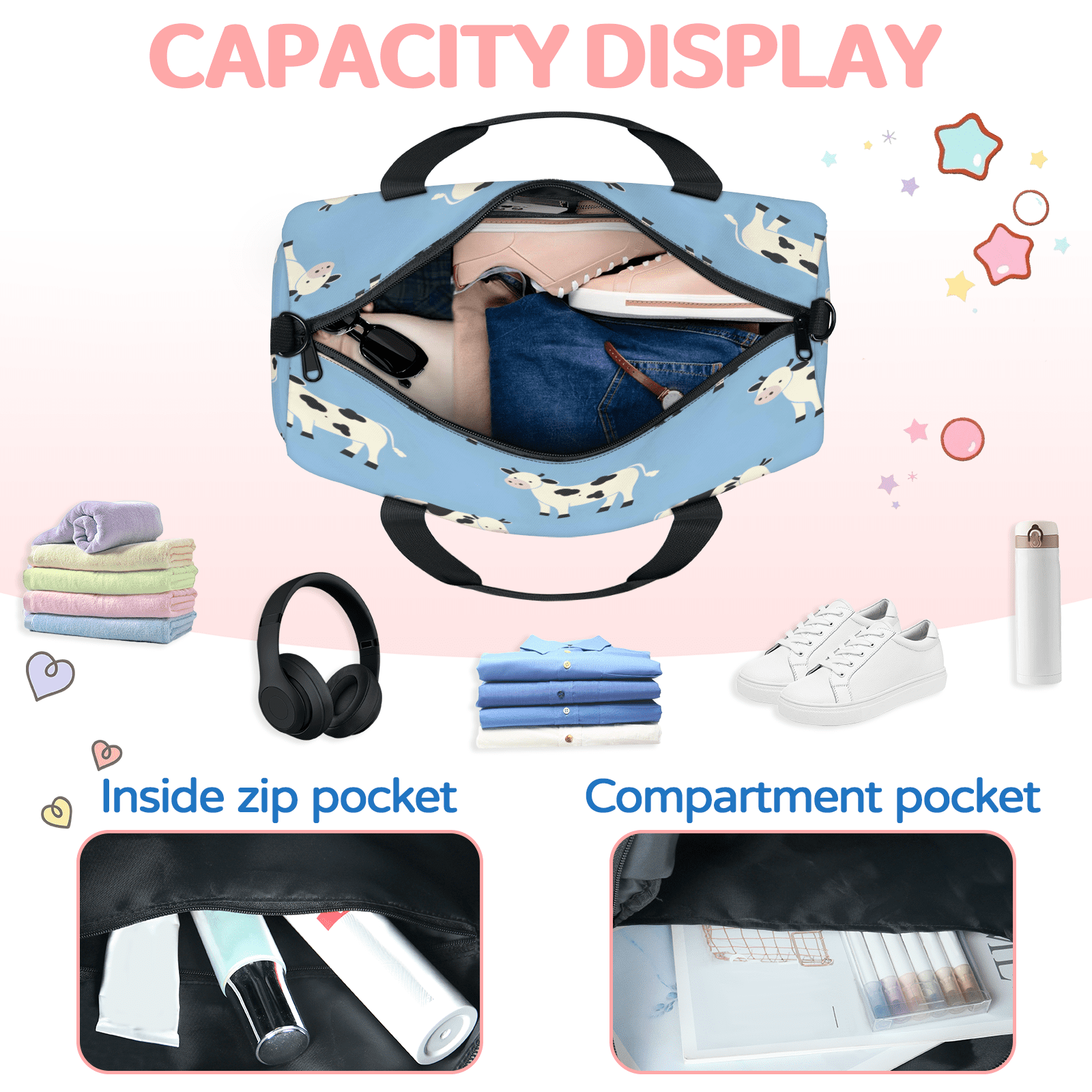 Herdesigns Cow Pattern Travel Duffle Bag Sports Yoga Weekender Overnight Carry on Workout Bags Lightweight Waterproof Gym Tote Bag for Women