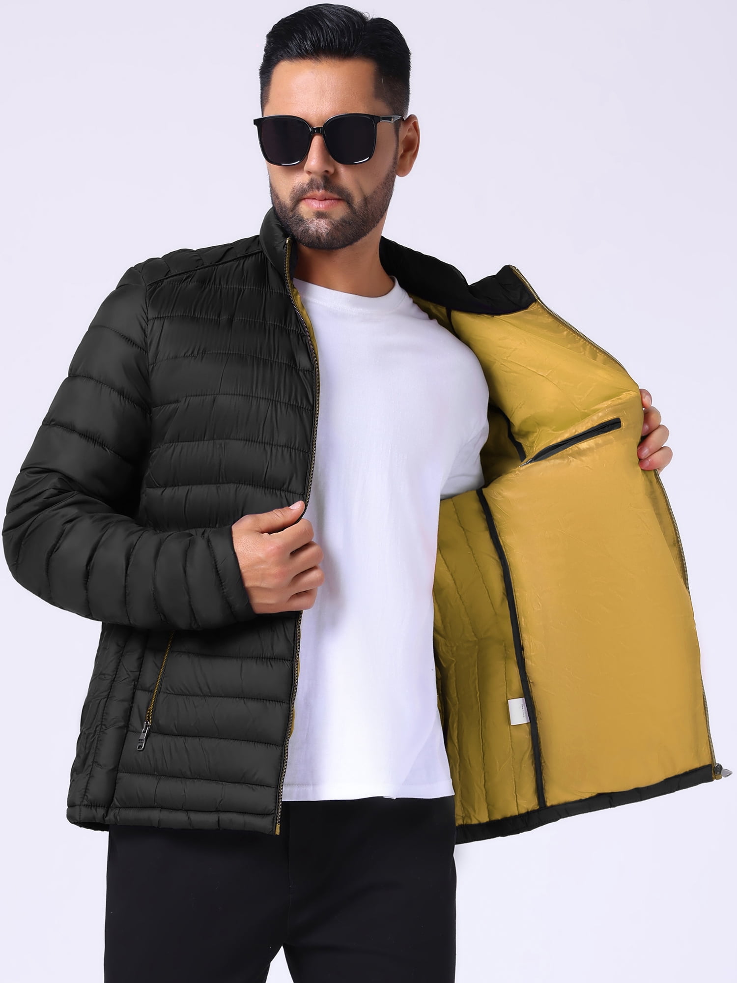 DARING DIVA Men's Winter Solid Stand Collar Zipper Quilted Puffer Jacket M Black