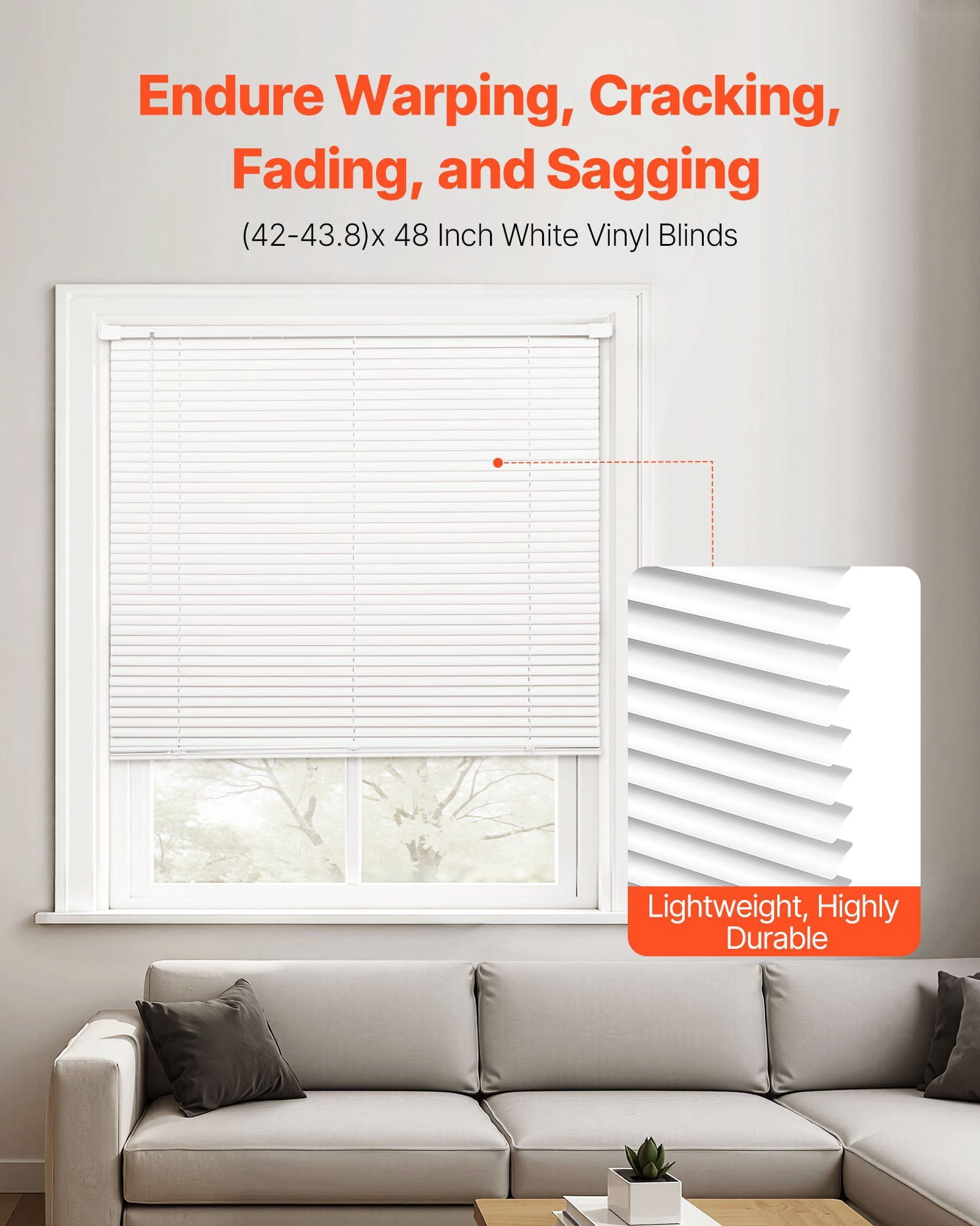 Window Blinds Cordless 43.3 x 48 Inches, No Drill Installation, 1" Slat, Light Filtering