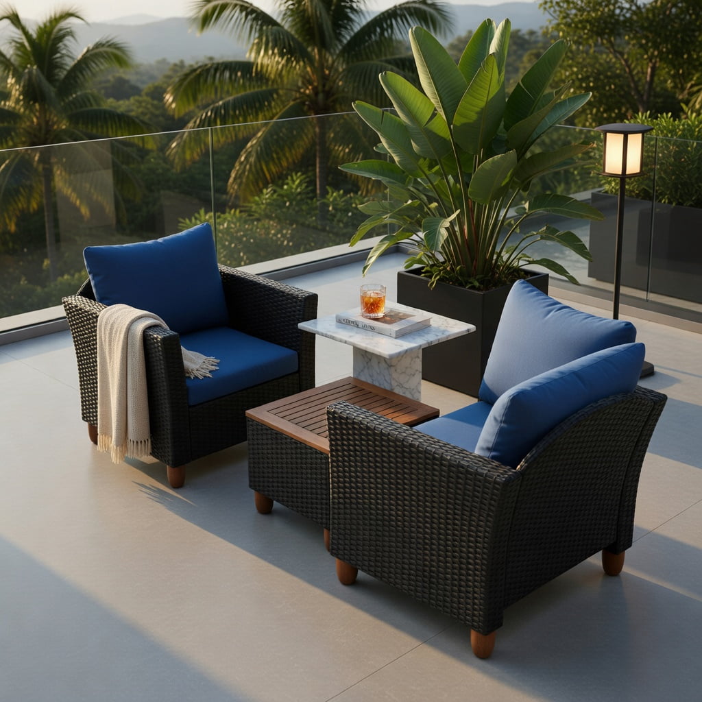 Hommoo 3-Piece Outdoor Rattan Patio Furniture Set, Acacia Wood Coffee Table & 2 Single Sofas with Removable Cushions, Navy
