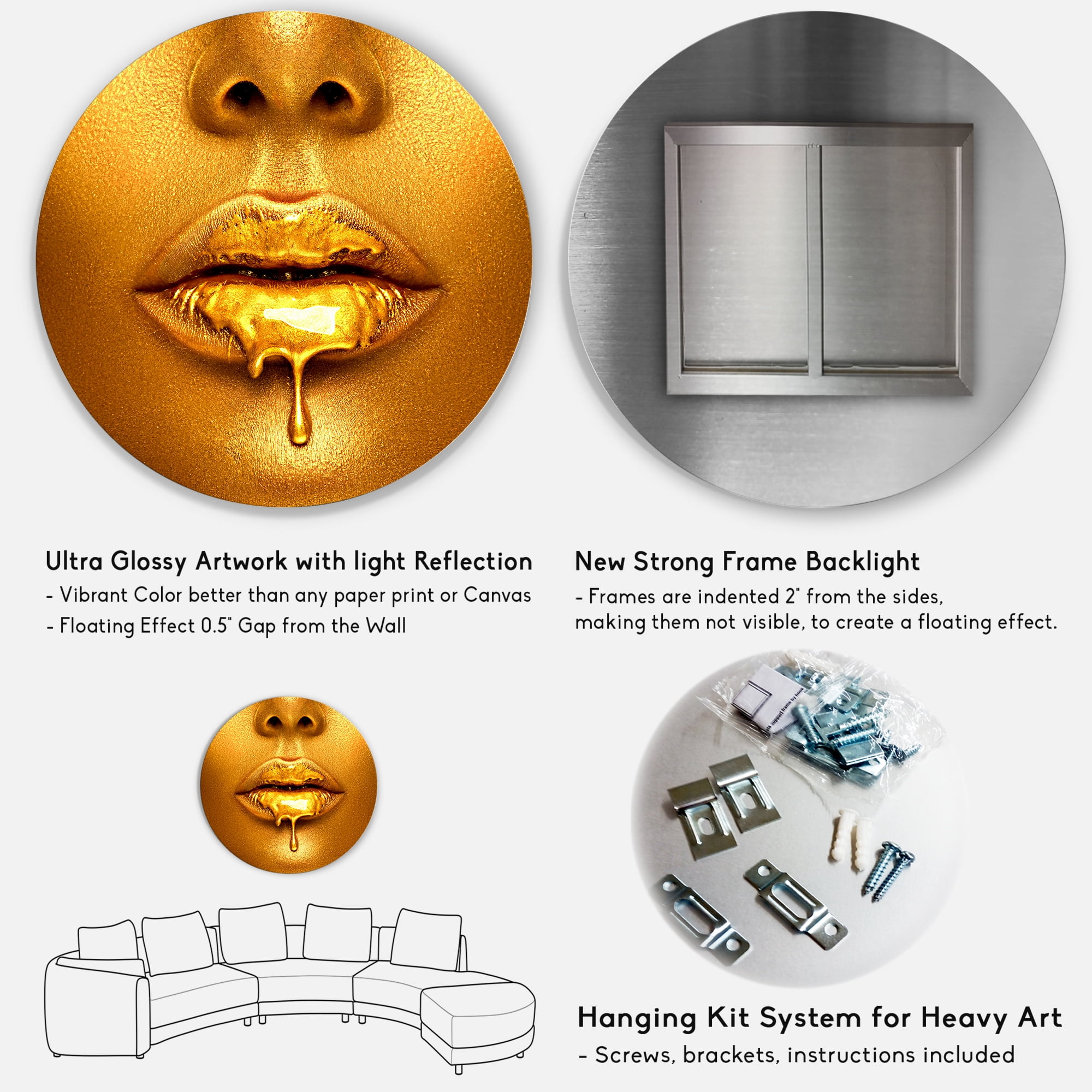 Designart 'Gold Paint Drips From Sexy Girl Lips' Modern Circle Metal Wall Art 23x23 - Disc of 23