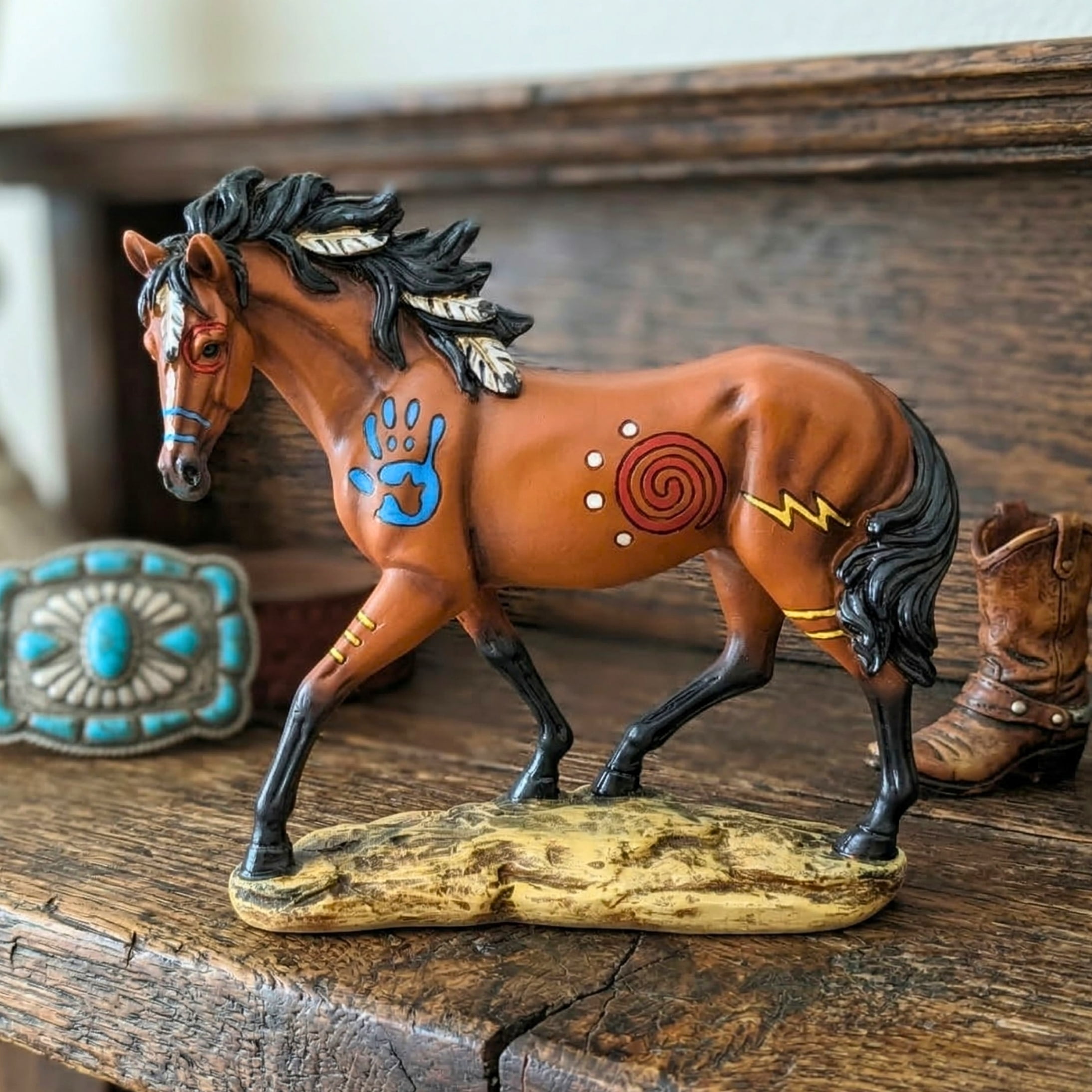 Painted Horse Figurine - Southwestern Brown Pony Sculpture & Western Shelf Decor - Hand-Painted Collectible  Statue for Home & Office - Equestrian Gifts for Horse Lovers & Collectors