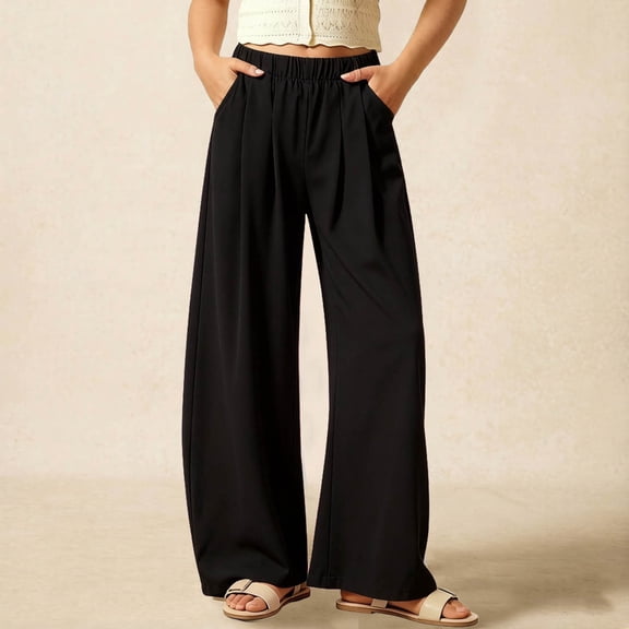Kids' Wide Leg Pants, Exquisite pleated front and side pockets, elastic waist for comfortable daily wear and outings, 5-15 Years Black 14-15 Years
