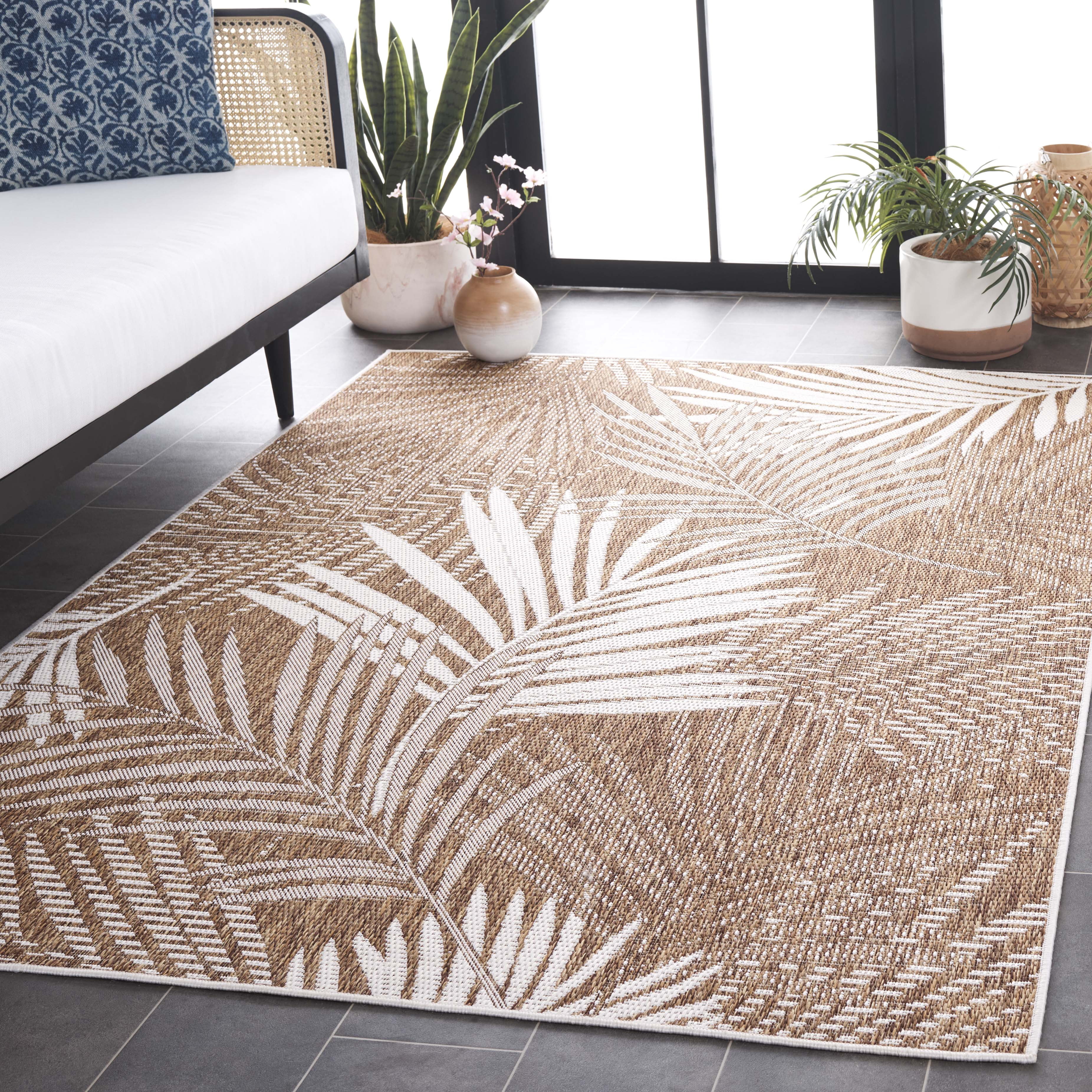 SAFAVIEH Beach House Declan Botanical Indoor/Outdoor Area Rug, Brown/Ivory, 8' x 10'