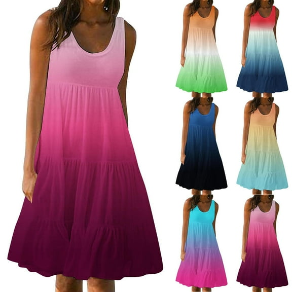 Summer Dresses for Women 2025, Womens Summer Round Neck Print Sleeveless Beach Dress(Blue,L)