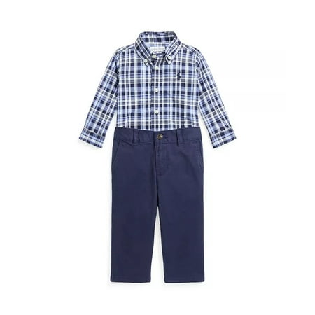 Ralph Lauren NAVY MULTI Baby Boys Plaid Shirt Chino Pants 2 Pc Set, US 9M