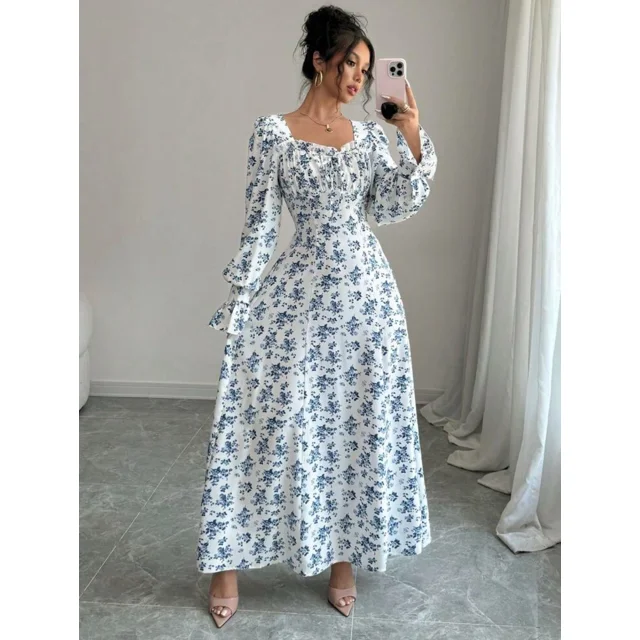 Vestido maxi floral cuello cuadrado con volantes y botones de perla, para primavera/otoño(S)