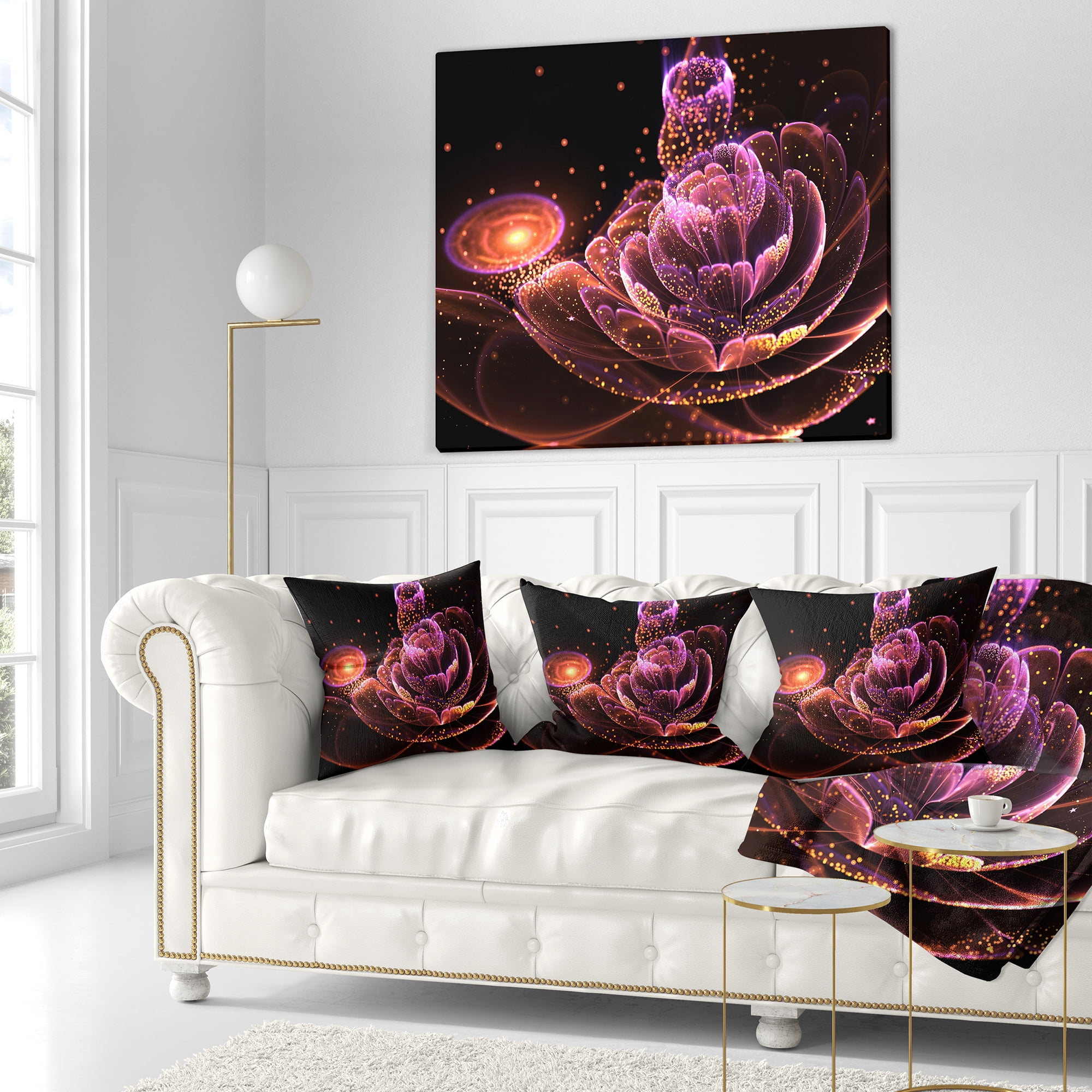 Designart Fractal Flower Illuminated Purple Art - Floral Throw Pillow - 18x18