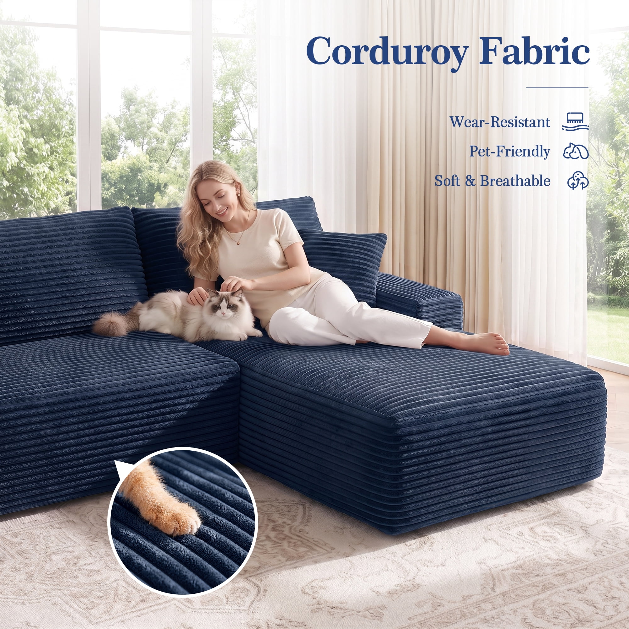 Aukfa 107" Boneless Modular Sectional Sofa, L-Shaped Corduroy Couch with Deep Seat and Right-Facing Chaise for Living Room, Blue