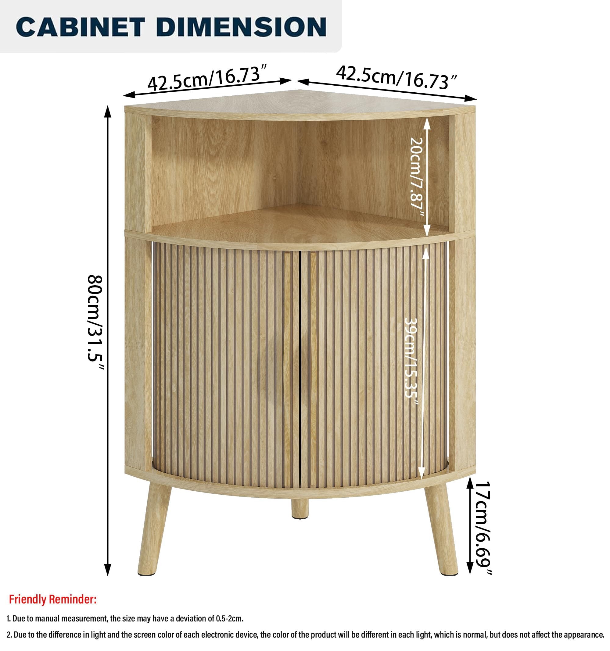 Bathroom Storage Cabinet, 31.5" Narrow Floor Corner Storage Cabinet with Fluted Doors & Shelves, Wood