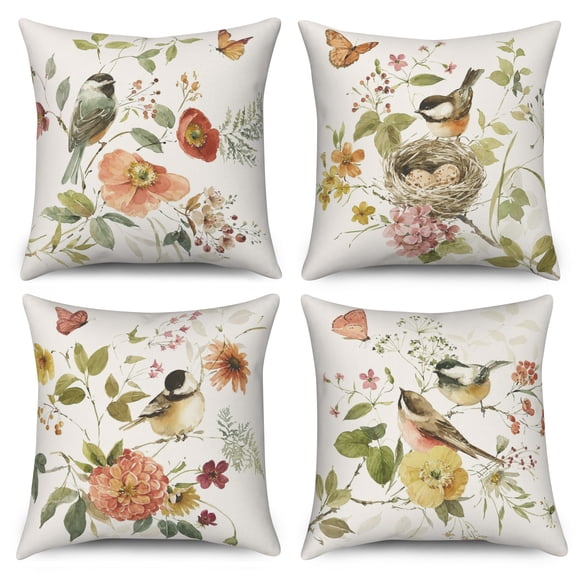 Dashan Birds Pillow Cover 16x16 Set of 4,Flower Floral Vintage Pillow Cases Couch Cushion for Bedroom Decor