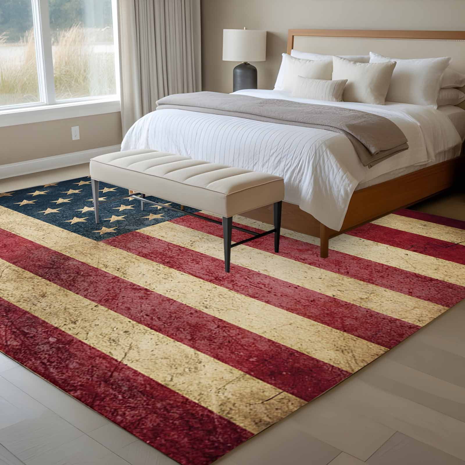 4th of July Area Rugs 8'x10', Washable Small Throw Rugs for Living Room Patio, Independence Day Farmhouse American Flag Indoor Outdoor Rug Non-Slip Low Pile Carpet Runner Reversible Floor Mats
